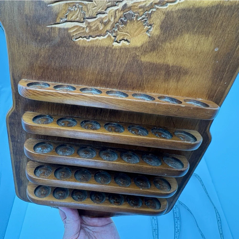 Vintage Wooden Thimble Rack Display with Carved Water Wheel Mill Design